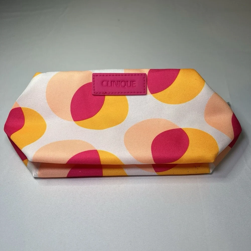 CLINIQUE White Orange Pink Polka Dots Makeup Cosmetic Pouch‎ Case Bag New